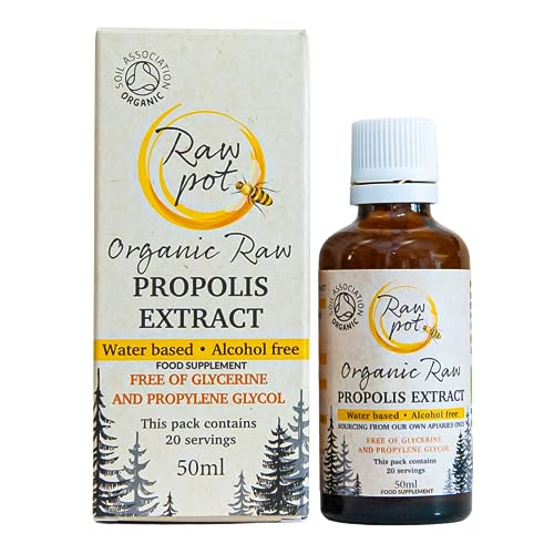 RAW POT - ORGANIC RAW PROPOLIS EXTRACT - Alcohol-Free 100% Pure Unpasteurised Natural Bee Propolis Liquid for Sore Throat & Cold Immunity Support Skin Hair Dental Care | Kids & Adults Drops (50ml)