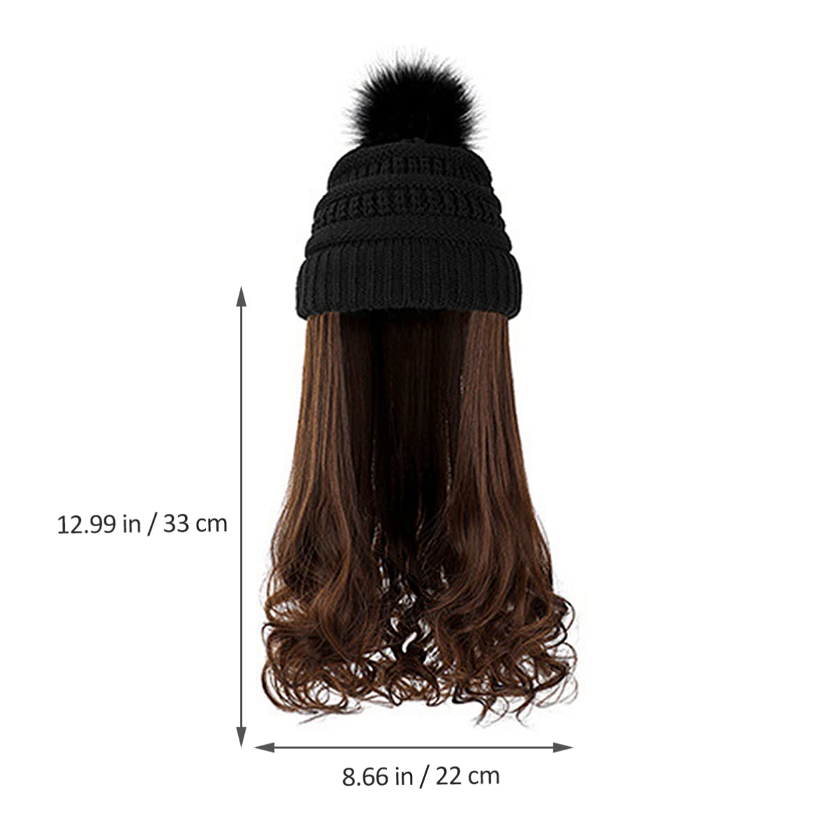 FRCOLOR Peluca de Pelo Ondulado y Gorro de Invierno de Crochet, Tamaño Único, Gorro de Punto Negro Peluca Desmontable Castaño Claro para Mujer en Fiestas y Disfraces