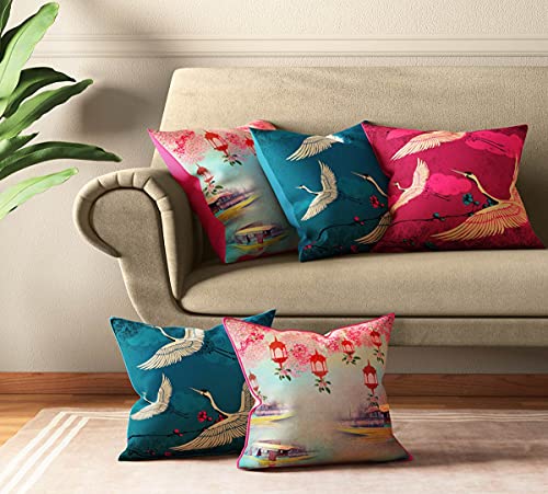 Image of India Circus by Krsnaa Mehta Lakeside Crane Flight Multicolor Satin Blend Cushion Pillow Covers Set of 5 (16 X 16 Inches)