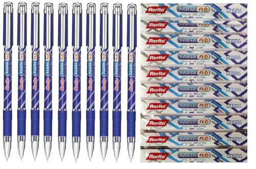 Image of Fantaflo 10 Blue Ball Pens+10 Refills Blue Ink Pack of 20 | 1mm Tip | Waterproof Ink | Fanta flo Dotted Grip for Comfortable Writing | Smooth Writing Ball Pens for Students and Home Office Use