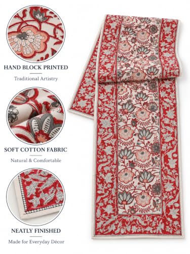 Image of Ravaiyaa - Attitude is Everything Hand Block Printed Cotton Table Runner | Floral Printed Table Runner for Home Decor, Kitchen | 60 x 16 Inch-(Grey Red Floral)