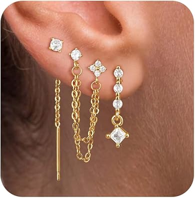 Moodear Dangle Earrings 3/4 Pairs Dainty 14K Gold Plated Earrings for Women Trendy Chain Earring Stacks Set Cubic Zirconia Drop Hoop Stud Hypoallergenic Earrings for Women Jewelry Gifts