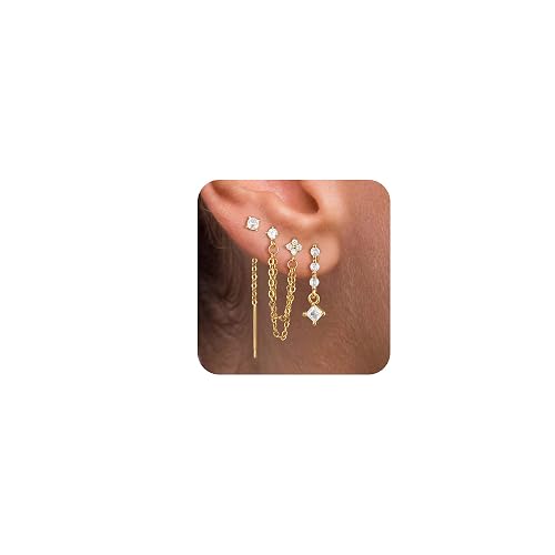Moodear Dangle Earrings 3/4 Pairs Dainty 14K Gold Plated Earrings for Women Trendy Chain Earring Stacks Set Cubic Zirconia Drop Hoop Stud Hypoallergenic Earrings for Women Jewelry Gifts