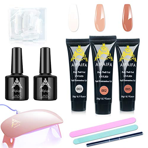 Polygel Starter Kit for Beginner, AIFAIFA Nail Extension Kit with 3 Color and Basic Nail Art Tools for Beginners Practice, with Nail Lamp, Base & Top Coat Set, Nail File Buffer