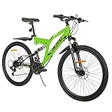 ROCKSHARK Hiland 26 Zoll Mountainbike Rad Vollfederung Mountain Bike Fully Shimano 21 Gang Fahrrad mit Rahmenpaket Schutzblech Federgabel Scheibenbremsen MTB für Herr Damen Jungen Mädchen Grün