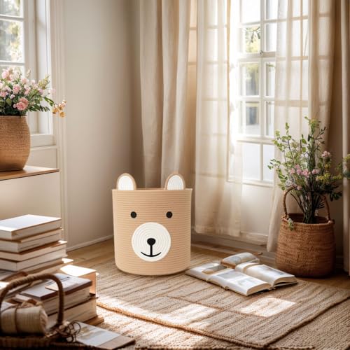 Image of Baby Laundry Basket, Bear Basket, Baby Shower Baskets, Bear Gift Baskets for Kids, Nursery, Toy Storage, Cotton Rope Hamper with Handles (Light Brown, 13 inch D x 15 inch H)