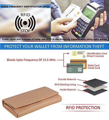 Image of Women's Top Grain Leather Wallet, RFID Blocking Bifold clutch, 17 Card Slots, Zip Pocket Organizer, Elegant Gift for Women - Birthday, Valentine, Anniversary - NATURAL