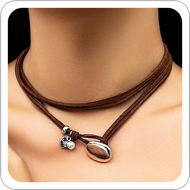 XeyauBoho Necklace Leather Necklace for Women,Bohemian Brown Suede Leather Necklaces Turquoise Suede Choker Necklace Boho Wrap Necklaces Jewelry