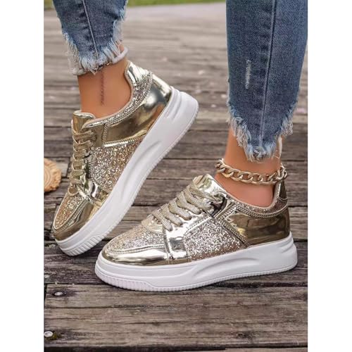 Platform Sneakers for Women, Bling Sequin Women's Fashion Sneakers Glitter Shoes Lace Up Sparkly Sneakers Shiny Casual Shoes for Women, Mens Glitter Sneakers Boys Tennis Shoes(Size:4,Color:Rose Gold)4