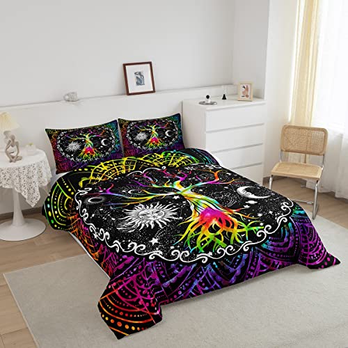 Trippy Sun And Moon Comforter Set Queen,Black And White Bedding Set For Kids Boys Girls Warm,Psychedelic Tree Of Life Down Comforter All Season Cozy,Galaxy Stars Mandala Tribal Quilted Duvet 3Pcs #TOP1