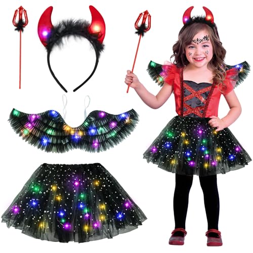 Aitsite Disfraz de carnaval para niña, disfraz de diablo luminoso, disfraz de carnaval para niños, ángel oscuro, tutú LED, falda de tul, disfraz de diablo, falda tutú con diadema de diablo y horquilla