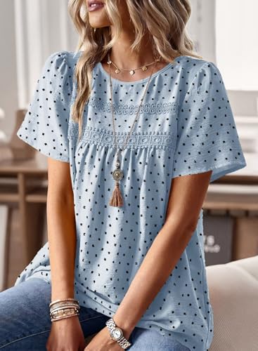 Image of Falechay Womens Summer Tops Crewneck Short Sleeve Shirts Casual Chiffon Blouses Flowy Lace Hem Boho Clothing Trendy 2026