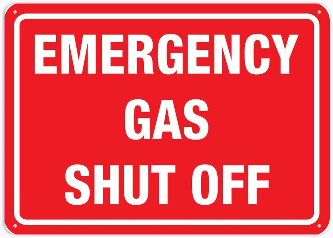 Emergency Gas Shut Off Rust Free Aluminum Tin Sign - Warning Decor with Pre-Drilled Holes for Indoor-Outdoor Home Yard, Home/Commercial Gas Zone - 8x12 Inch​