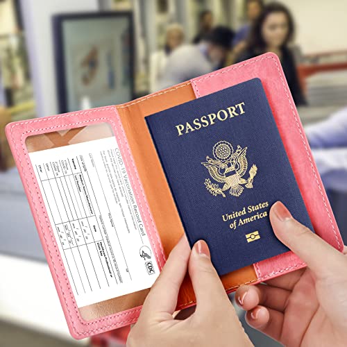 Image of Eoehro Passport and Vaccine Card Holder, Faux Leather, AI-pink, Compact, Lightweight, Waterproof