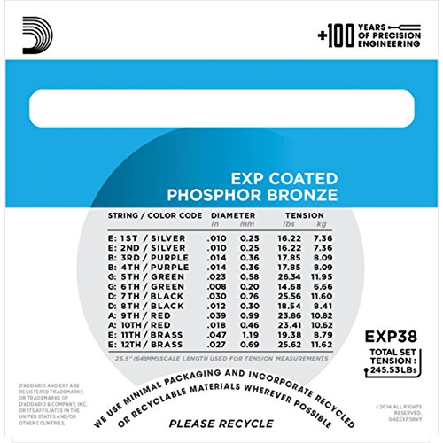 Image of D'Addario EXP38 Coated Phosphor Bronze 12-String Acoustic Guitar Strings, Light, 10-47
