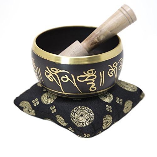 ShalinIndia Tibetan Singing Bowl Set for Meditation - Buddhist Musical Instrument Singing Bowls with Mallet & Cushion - Black