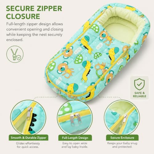 Image of Safe-O-Kid Baby Sleeping & Carry Nest (0-6 Months) | Cotton Fabric, Zipper Closure, Travel-Friendly Baby Bed, Foldable Bedding for Newborns, Green