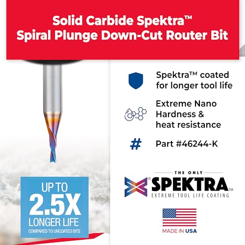 Image of Amana Tool Solid Carbide Spektra Extreme Tool Life Spiral Plunge Router Bit Down-Cut, 46244-K, 3 /32 Dia x 1 /4 CH x 1 /4 Shank 2 Inch L