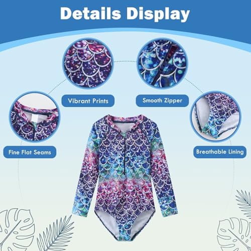 Image of Girls One Piece Rash Guard Long Sleeve Swimsuits for Girls UPF 50+ Sun Protection Bathing Suits 3-16 Years