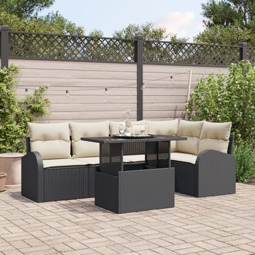 ZQQLVOO Ensemble de 6 canapés de jardin avec coussins noirs en polyrotin - Meubles d'extérieur confortables - Meubles de relaxation - Meubles de terrasse