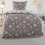BaSaTex 135x200 Microfaser Flausch Bettwäsche Sterne grau Weiss Taupe Fleece Thermofleece 2tlg.Set