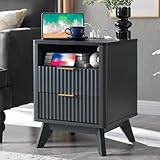 T4TREAM Fluted Nightstand with Charging Station, 18' Modern SideTable with Faux Marble Top, 2 Drawers End Table w/Storage, Bedside Table for Bedroom, Living Room, Curved Profile Design, Dark Grey