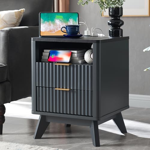 T4TREAM Fluted Nightstand with Charging Station, 18" Modern SideTable with Faux Marble Top, 2 Drawers End Table w/Storage, Bedside Table for Bedroom, Living Room, Curved Profile Design, Dark Grey