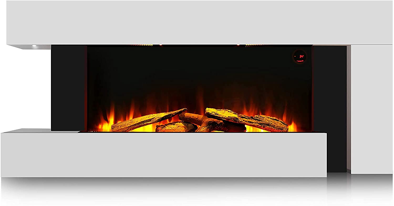 Marco Paul White Modern 55" Wall Mounted Electric Fireplace Realistic