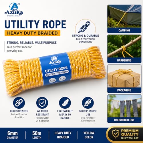 Image of AZUKA Utility Rope Set of 5 | 6mm x 15m (50FT) Heavy-Duty Braided Polypropylene Ropes | Weather-Resistant | Orange