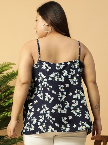Image of Women Plus Size Navy Blue Floral Print Shoulder Strap A-line Top & Tunic 2XL /3XL /4XL /5XL /6XL /7XL /8XL