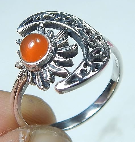 Crescent Moon And Sun Carnelian Round 925 Sterling Silver Carnelian Ring Jewelry for Good Luck Promise Ring Vintage Ring Birthday Gift Gift For Her2