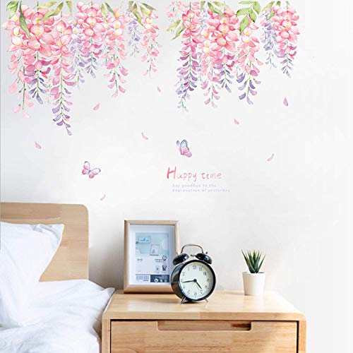 Rofarso 6 Sheets Hanging Wisteria Flower Leaves Wall Stickers Removable Pvc Wall Decals Peel And Stick Wall Art Decorations Decor For Bedroom Living Room Murals (3 Sets) #TOP22