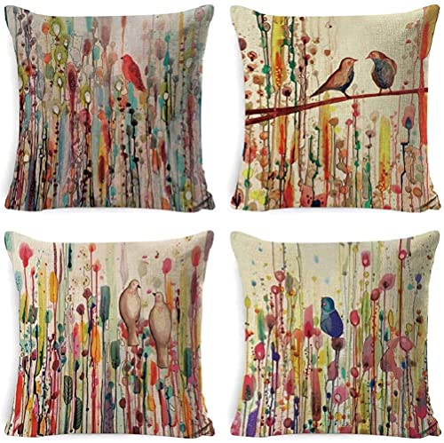 DUSEN Decorative Throw Pillow Covers for Couch Sofa or Bed Set of 4 18 x 18 inch Oil Painting Bird Flower Farmhouse Cotton Linen Cusion Cover (Oil Painting Bird Flower)