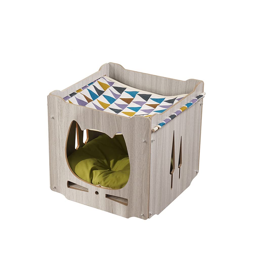 Cat TV House With Soft Mat Cat Condos For Indoor Cats Large Cage Cat Tree Towers Wood Cat Bed Wooden Cat Cave With Matching Cat Hammock And Cushion DIY Cat Villa (Cat Face)