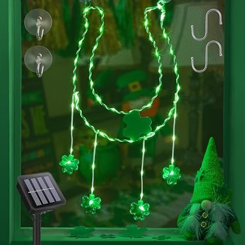 BEEWIN St Patricks Day Solar Lights Outdoor,12in 59 LED Lighted Horseshoe Shamrock St. Patrick's Day Decorations Window Lights,Hanging Green Light for Outside Indoor Tree Yard Garden Wall Door Glass Cover