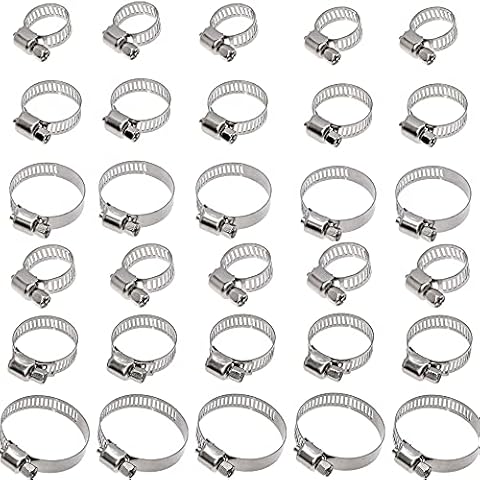 30 Pcs Stainless Steel Hose Clips Duct Clamps for Securing Hoses and Pipes Tube Assortment 6 Sizes(10-16/13-19/16-25/19-29/18-32/25-38mm) Cover