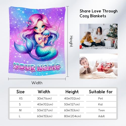 Mermaid Blanket Gifts Customized Blankets for Girls - Soft Cozy Fleece Throws for Couch, Bed 4 Sizes