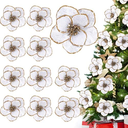 12 Pieces Magnolia Flower Ornaments Christmas Glitter Poinsettia Flowers Magnolia Artificial Faux Flowers Decorative Christmas Flowers for Christmas Tree Flower Decorations Wedding Centerpiece (White)