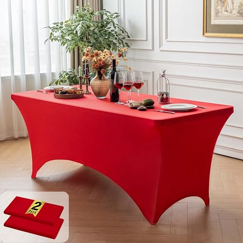 Image of FOLINS&HOME 2 Pack Red 4ft Fitted Spandex Water Resistant Tablecloth
