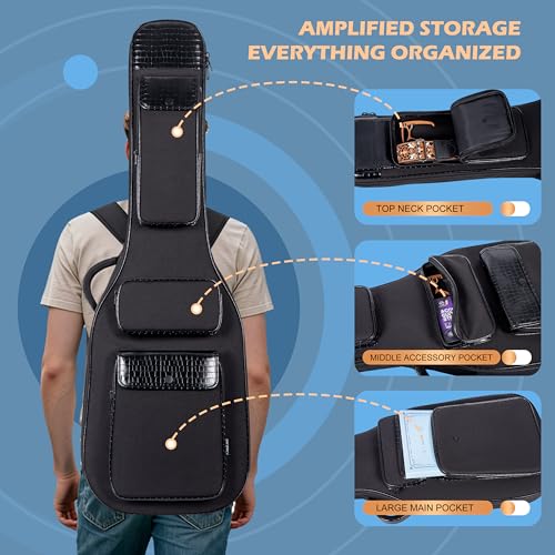Funda para Bajo con Correa de Cuello, Acolchado Protector de 0.5 Pulgadas de Grueso, Resistente al Agua, Cuero PU con Estampado de Cocodrilo, Correas de Hombro Ajustables, Asa Lateral Acolchada, 3 Bolsillos miniatura 5