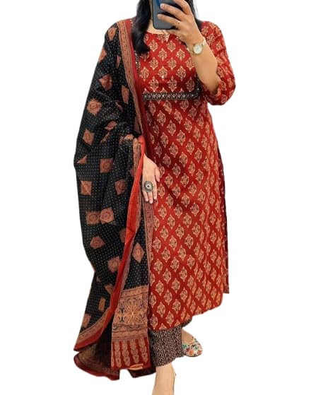 Veqreqmeq Traditional Ethnic Printed Kurta Palazzo Set with Contrast Black Dupatta, Red and Gold Pattern, 3/4 Sleeves (in, Alpha, 4XL, Regular, Red)