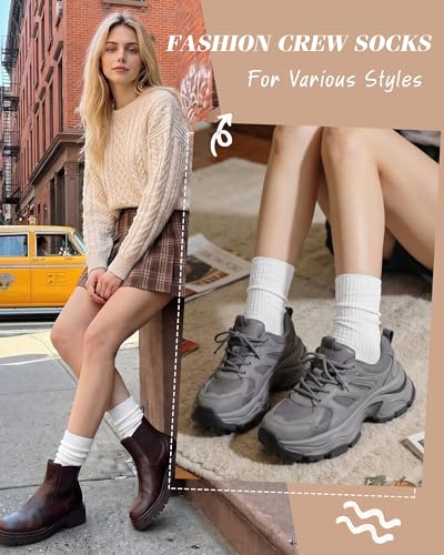 Image of YSense Women's Cotton Crew Socks 6 Pairs, Long Cute Aesthetic Neutral Athletic Boot Socks for Women Stocking Stuffers Gifts