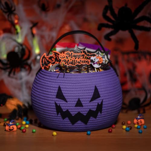 Image of Goodpick Halloween Pumpkin Basket with Cute Face and Sturdy Handles, Purple
