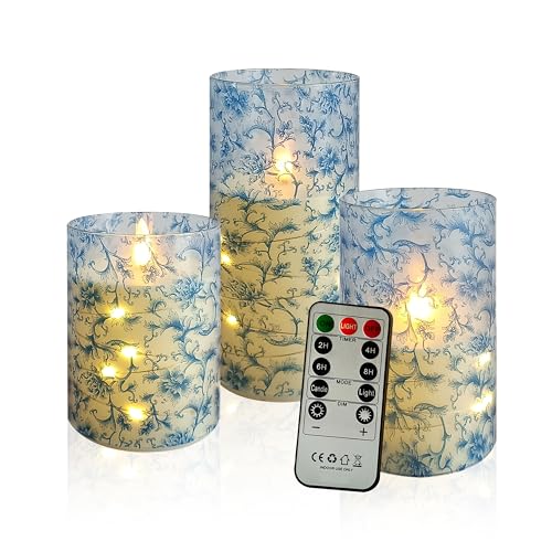 Image of Flickering Flameless Candles Blue Floral Print, Embedded Star String Lights, Battery Operated Acrylic LED Pillar Candles with 11-Key Remote and Timer for Home Decoration, 3 Pack