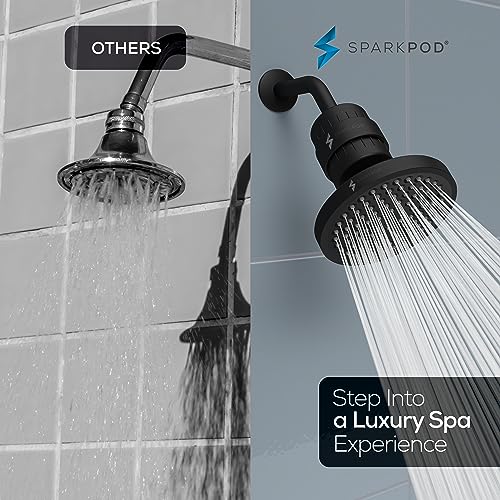 Image of SparkPod Filtered Shower Head, 23-Stage, 6 inch Round, Black Matte | Showerhead for Hard Water, High Pressure, Reduces Chlorine, Heavy Metals, For Dry Skin & Hair, Removable Capsule Filter