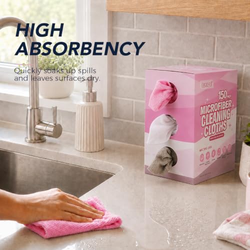 Image of UNIMADE Microfiber Cleaning Cloth, 150 Pack Microfiber Towels for Cars | Reusable Paper Towels Lint Free Shop Rags with Box for Home Kitchen Automotive, 11 inchx 9 inch, White & Grey & Pink