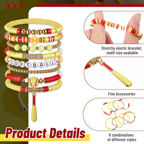 8 Pack Sports Bracelets for Women Mom Soccer Baseball Football Volleyball Basketball Stackable Heishi Clay Beaded Bracelet Accessories Fan Outfits Jewelry Gifts for Sports Party Favor(Softball)