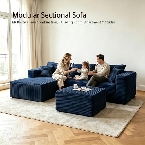 Image of 93 inch U-Shaped Boneless Couch, Corduroy Cloud Couch Sectional with Chaise and Ottoman, Deep Seat Modular Sectional Sofas for Living Room, No Assembly - Navy Blue (Left Facing Chaise)