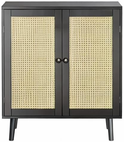 Huuger Buffet Cabinet with Storage, Storage Cabinet with Synthetic Rattan Decor Doors, Accent Cabinet with Solid Wood Feet, Sideboard Cabinet for Hallway, Entry, Living Room, Black