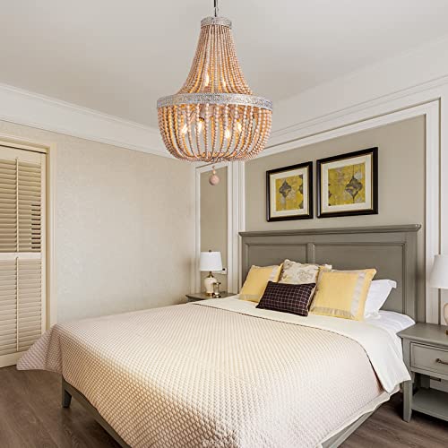 6-Lights Farmhouse Boho Wood Bead Chandelier,Modern Natural Wooden Beaded Pendant Light Fixture,E12 Adjustable Pendant Lighting for Dining Room Living Room Bedroom